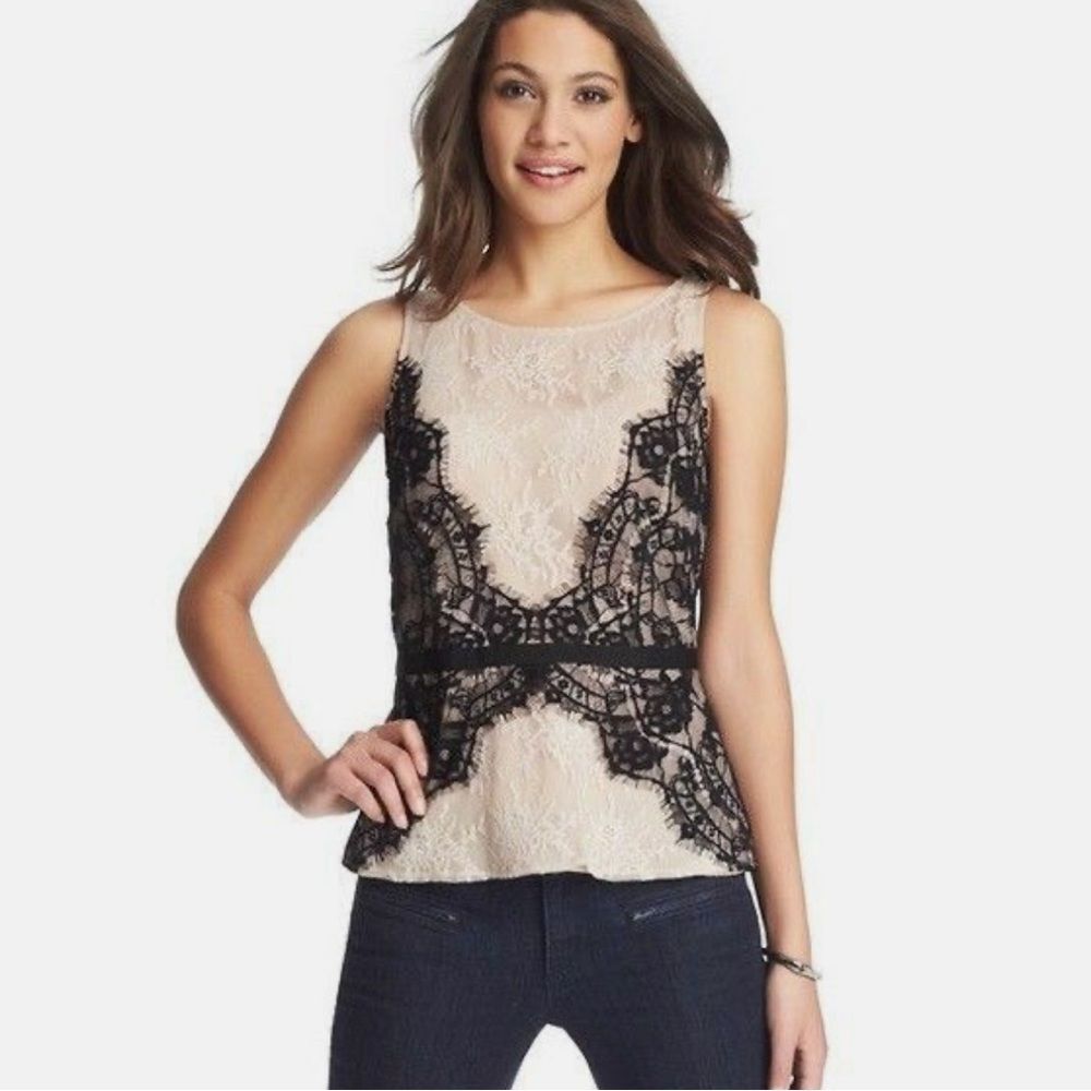 LOFT Blouse Size 4 Nude Eyelash Lace Ribbon Tie Peplum Tank Top